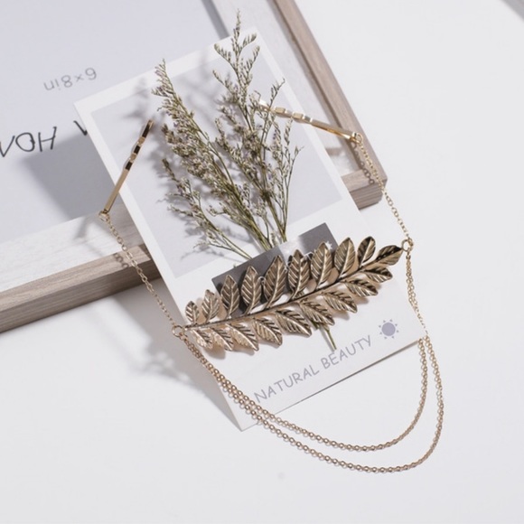 •1 Left•Intricately Designed Gold Leaf Hair Chain Accessory W Two Clip In Pins - Picture 2 of 5